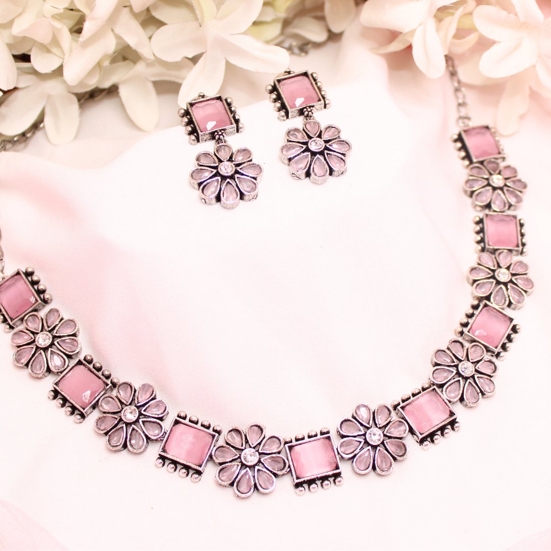 NARGIS FLOWER STONE NECKLACE SET-PINK -Necklaces