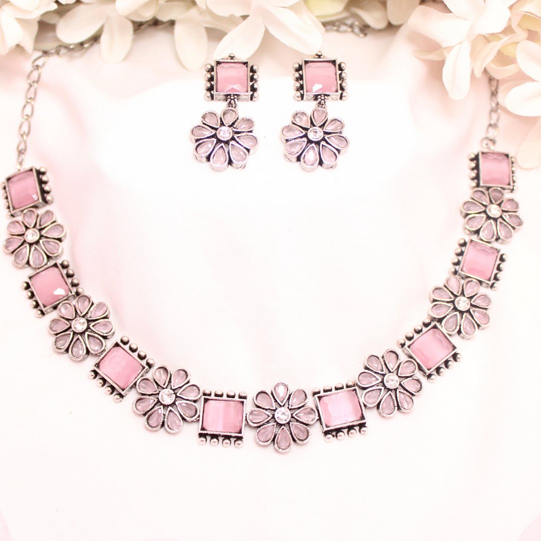 NARGIS FLOWER STONE NECKLACE SET-PINK -Necklaces