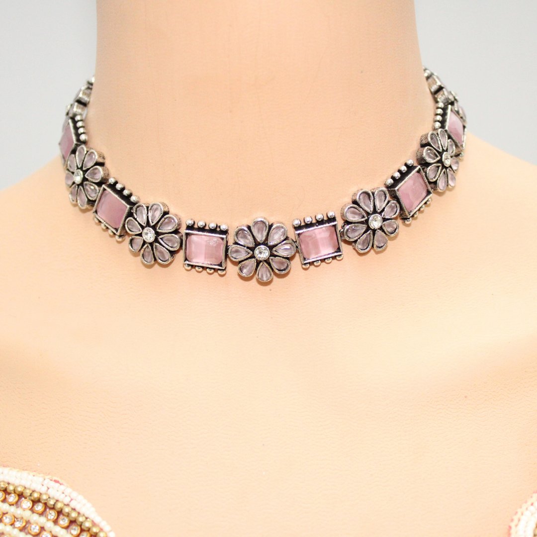 NARGIS FLOWER STONE NECKLACE SET-PINK -Necklaces