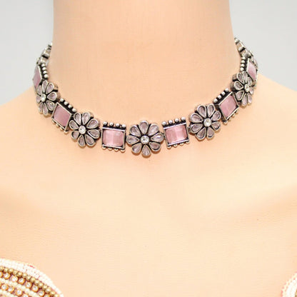 NARGIS FLOWER STONE NECKLACE SET-PINK -Necklaces