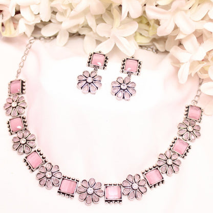 NARGIS FLOWER STONE NECKLACE SET-PINK -Necklaces