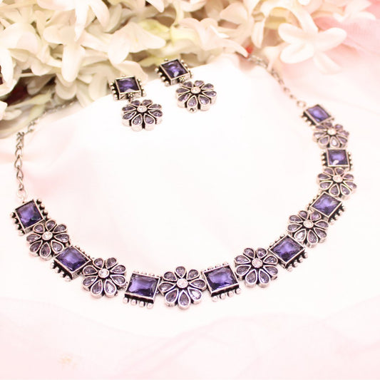 NARGIS FLOWER STONE NECKLACE SET-PURPLE -Necklaces