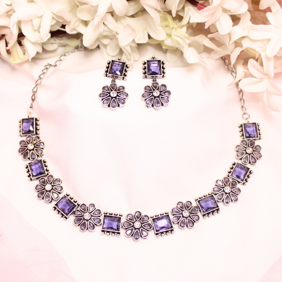 NARGIS FLOWER STONE NECKLACE SET-PURPLE -Necklaces