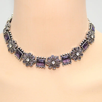 NARGIS FLOWER STONE NECKLACE SET-PURPLE -Necklaces