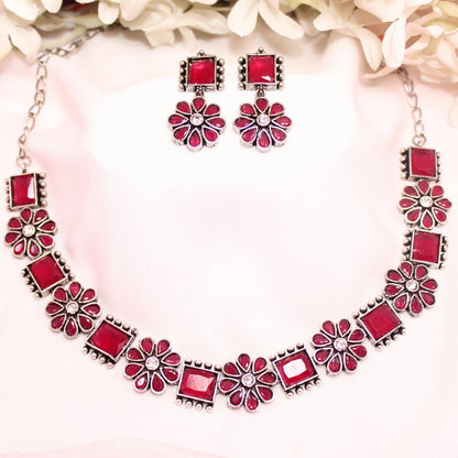 NARGIS FLOWER STONE NECKLACE SET-RED -Necklaces