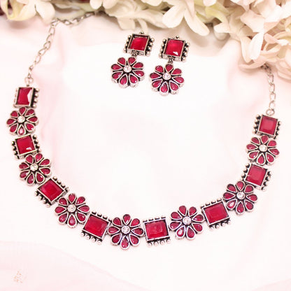 NARGIS FLOWER STONE NECKLACE SET-RED -Necklaces