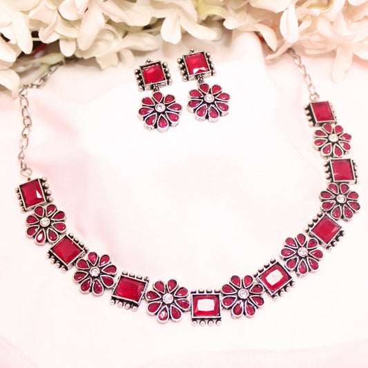 NARGIS FLOWER STONE NECKLACE SET-RED -Necklaces