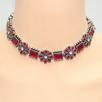 NARGIS FLOWER STONE NECKLACE SET-RED -Necklaces