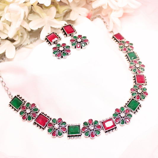 NARGIS FLOWER STONE NECKLACE SET-RED&GREEN -Necklaces