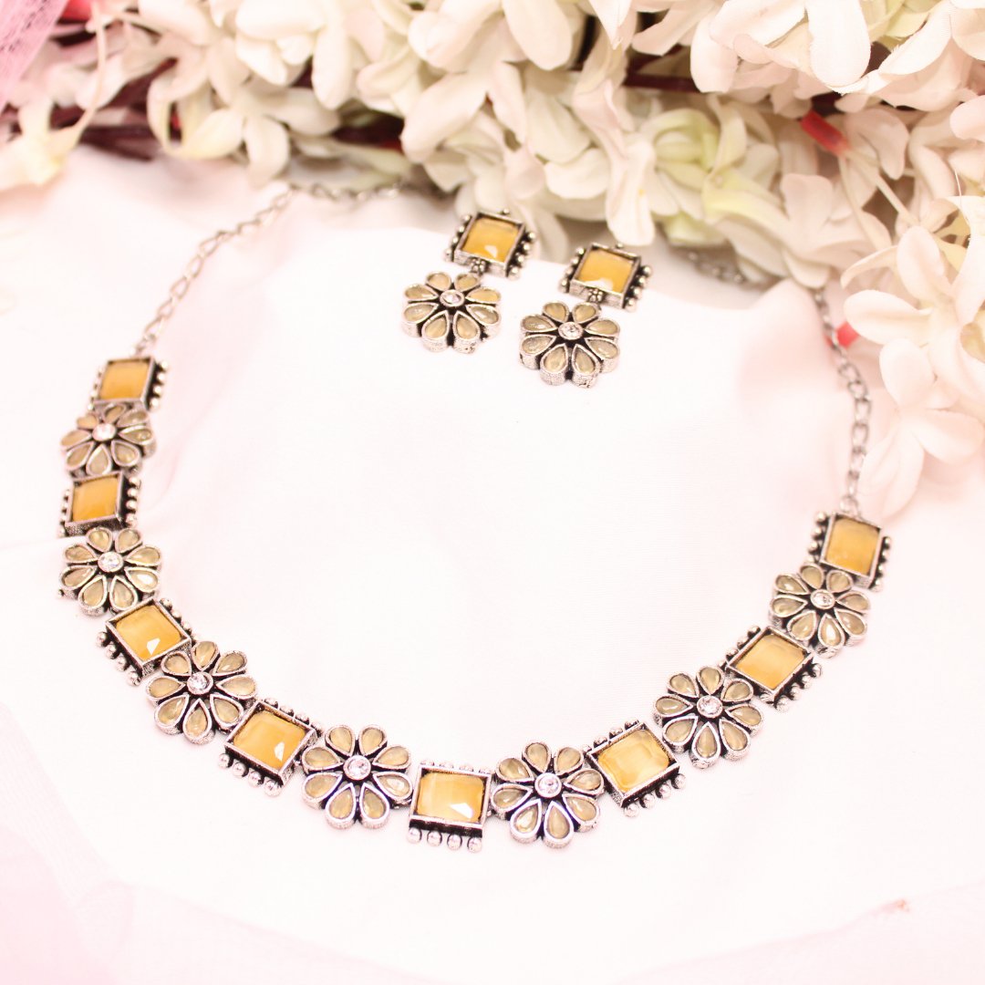 NARGIS FLOWER STONE NECKLACE SET-YELLOW -Necklaces