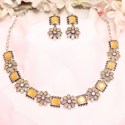 NARGIS FLOWER STONE NECKLACE SET-YELLOW -Necklaces