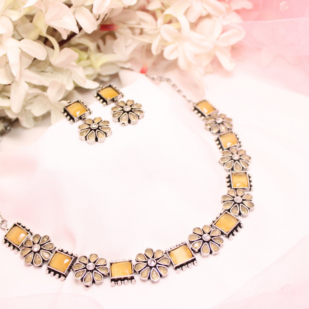 NARGIS FLOWER STONE NECKLACE SET-YELLOW -Necklaces