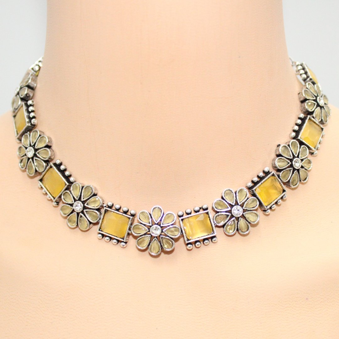 NARGIS FLOWER STONE NECKLACE SET-YELLOW -Necklaces