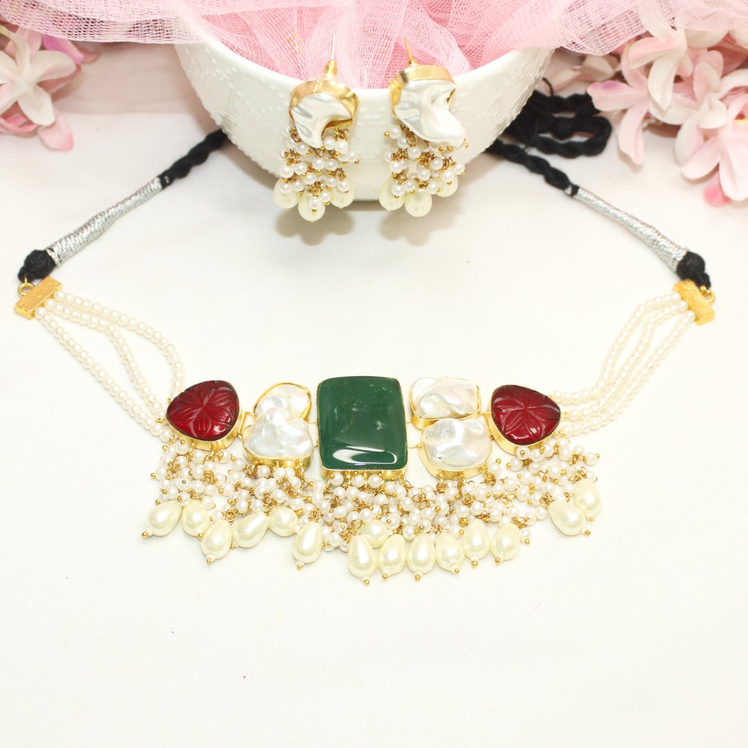 NATURAL STONE LOOK PASTEL CHOKER - GREEN & RED - Necklaces