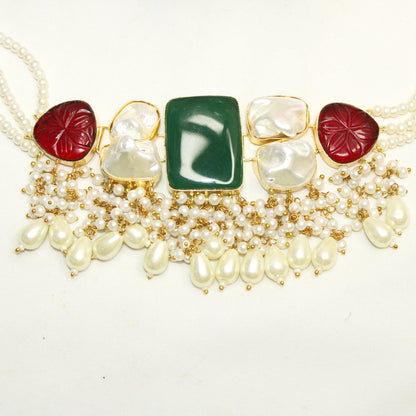 NATURAL STONE LOOK PASTEL CHOKER - GREEN & RED - Necklaces