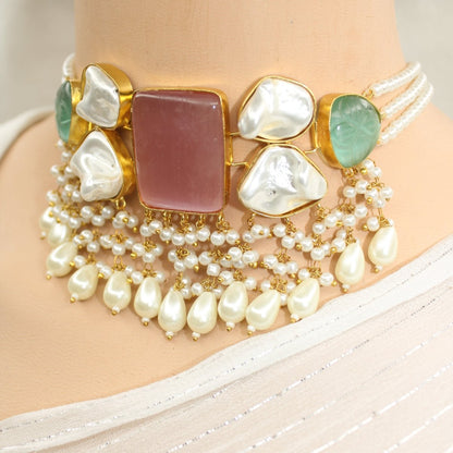 NATURAL STONE LOOK PASTEL CHOKER - PINK & GREEN - Necklaces