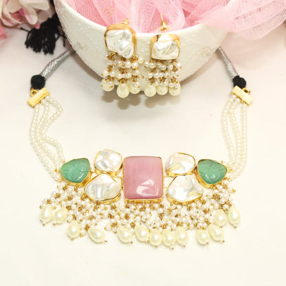 NATURAL STONE LOOK PASTEL CHOKER - PINK & GREEN - Necklaces