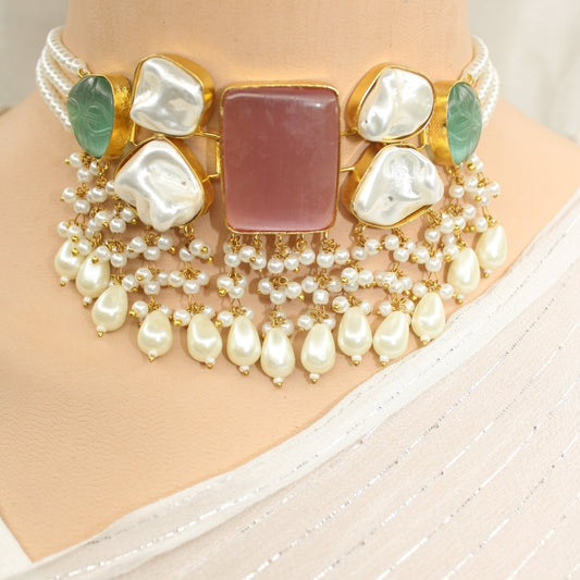 NATURAL STONE LOOK PASTEL CHOKER - PINK & GREEN - Necklaces