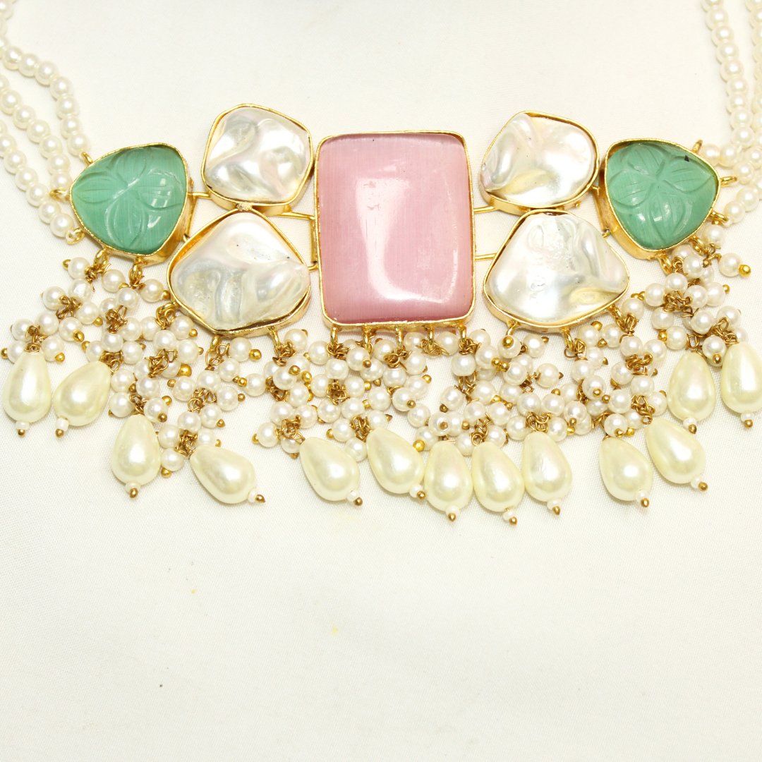 NATURAL STONE LOOK PASTEL CHOKER - PINK & GREEN - Necklaces