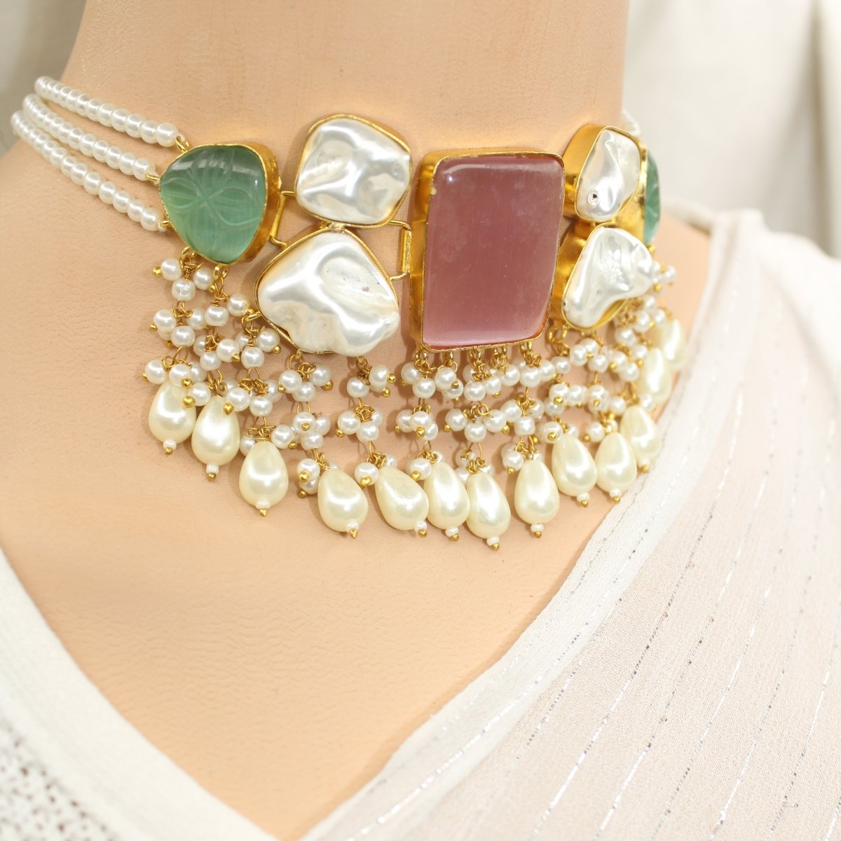 NATURAL STONE LOOK PASTEL CHOKER - PINK & GREEN - Necklaces