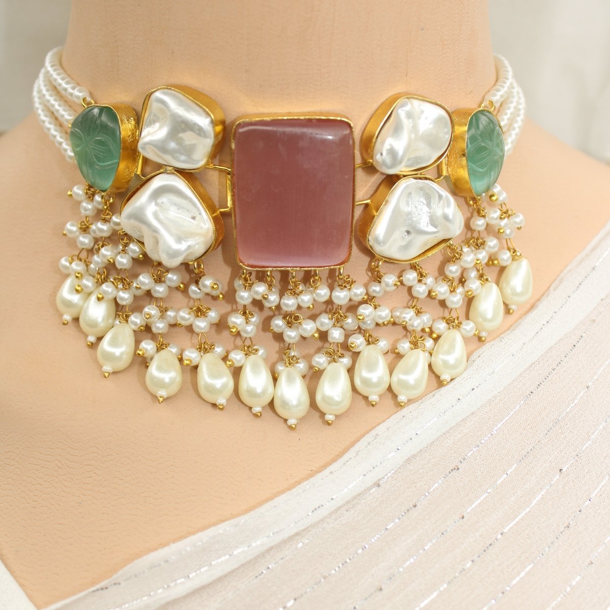 NATURAL STONE LOOK PASTEL CHOKER - PINK & GREEN - Necklaces