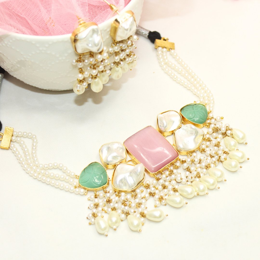 NATURAL STONE LOOK PASTEL CHOKER - PINK & GREEN - Necklaces