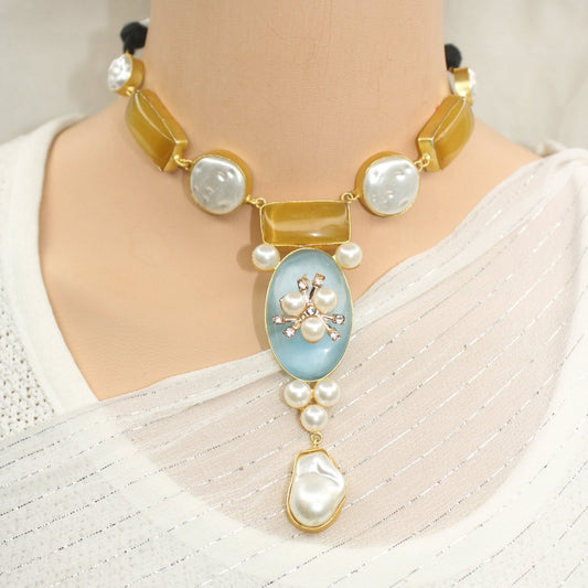 NATURAL STONE LOOK PASTEL NECKLACE - BLUE & YELLOW - Necklaces