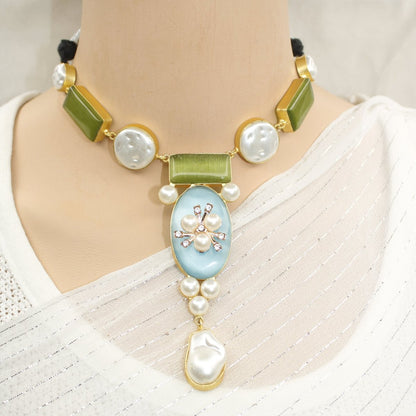 NATURAL STONE LOOK PASTEL NECKLACE - GREEN & BLUE - Necklaces