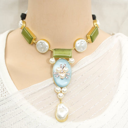 NATURAL STONE LOOK PASTEL NECKLACE - GREEN & BLUE - Necklaces