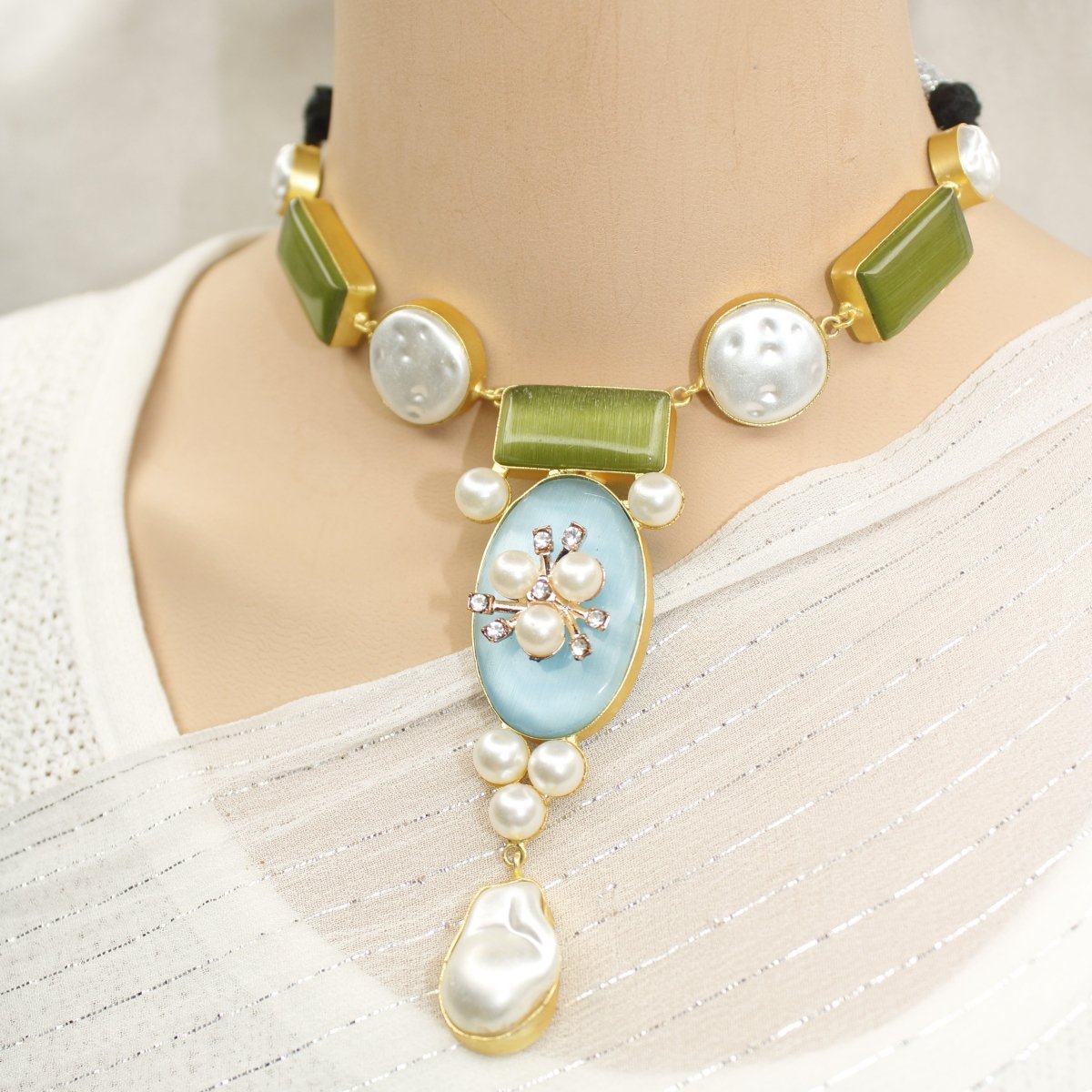 NATURAL STONE LOOK PASTEL NECKLACE - GREEN & BLUE - Necklaces