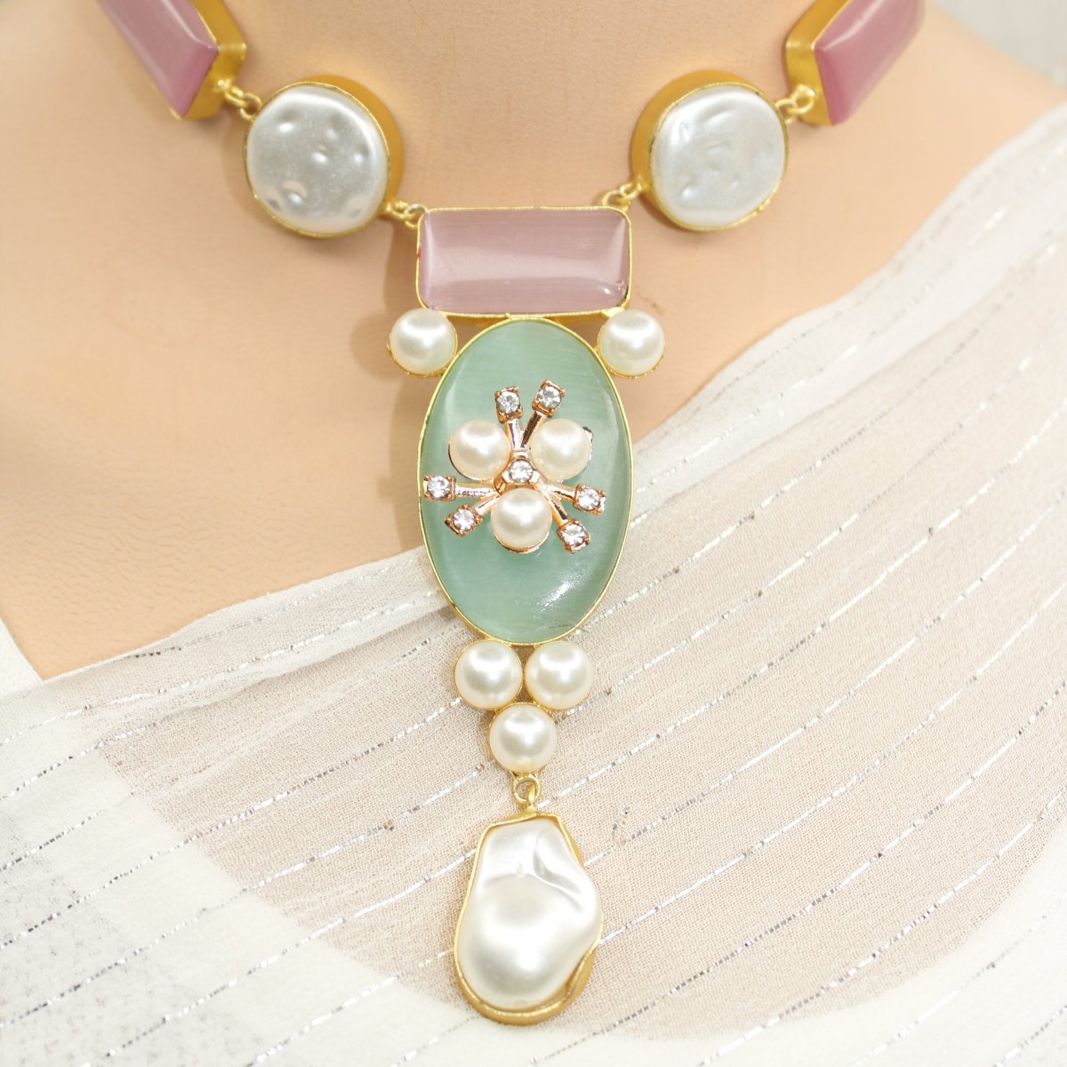 NATURAL STONE LOOK PASTEL NECKLACE - PINK & GREEN - Necklaces