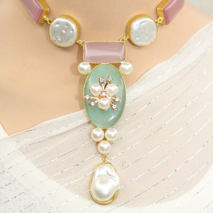 NATURAL STONE LOOK PASTEL NECKLACE - PINK & GREEN - Necklaces