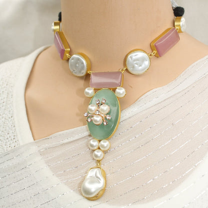 NATURAL STONE LOOK PASTEL NECKLACE - PINK & GREEN - Necklaces