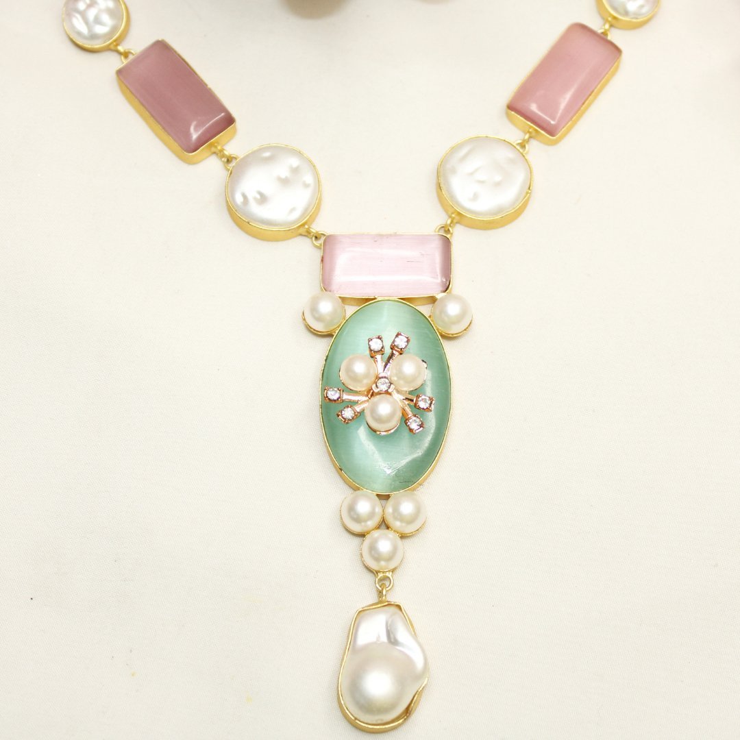 NATURAL STONE LOOK PASTEL NECKLACE - PINK & GREEN - Necklaces