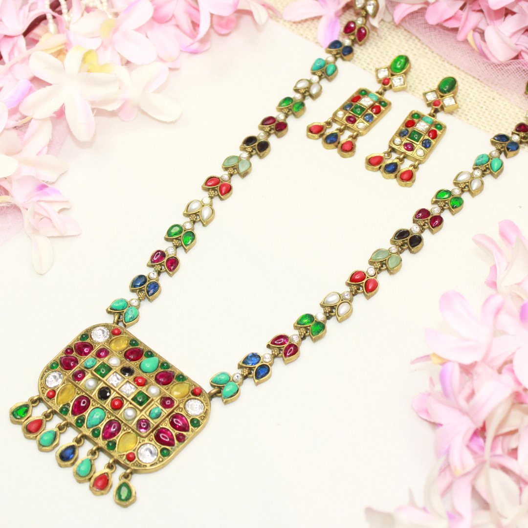 NAVRATNA ANTIQUE GOLD POLISH LONG NECKLACE - Necklaces