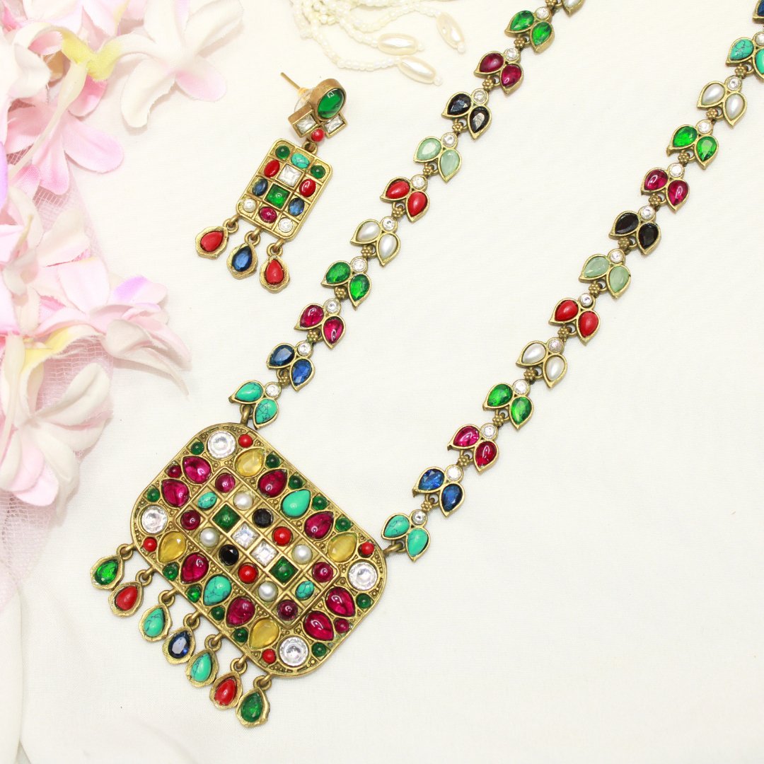 NAVRATNA ANTIQUE GOLD POLISH LONG NECKLACE - Necklaces