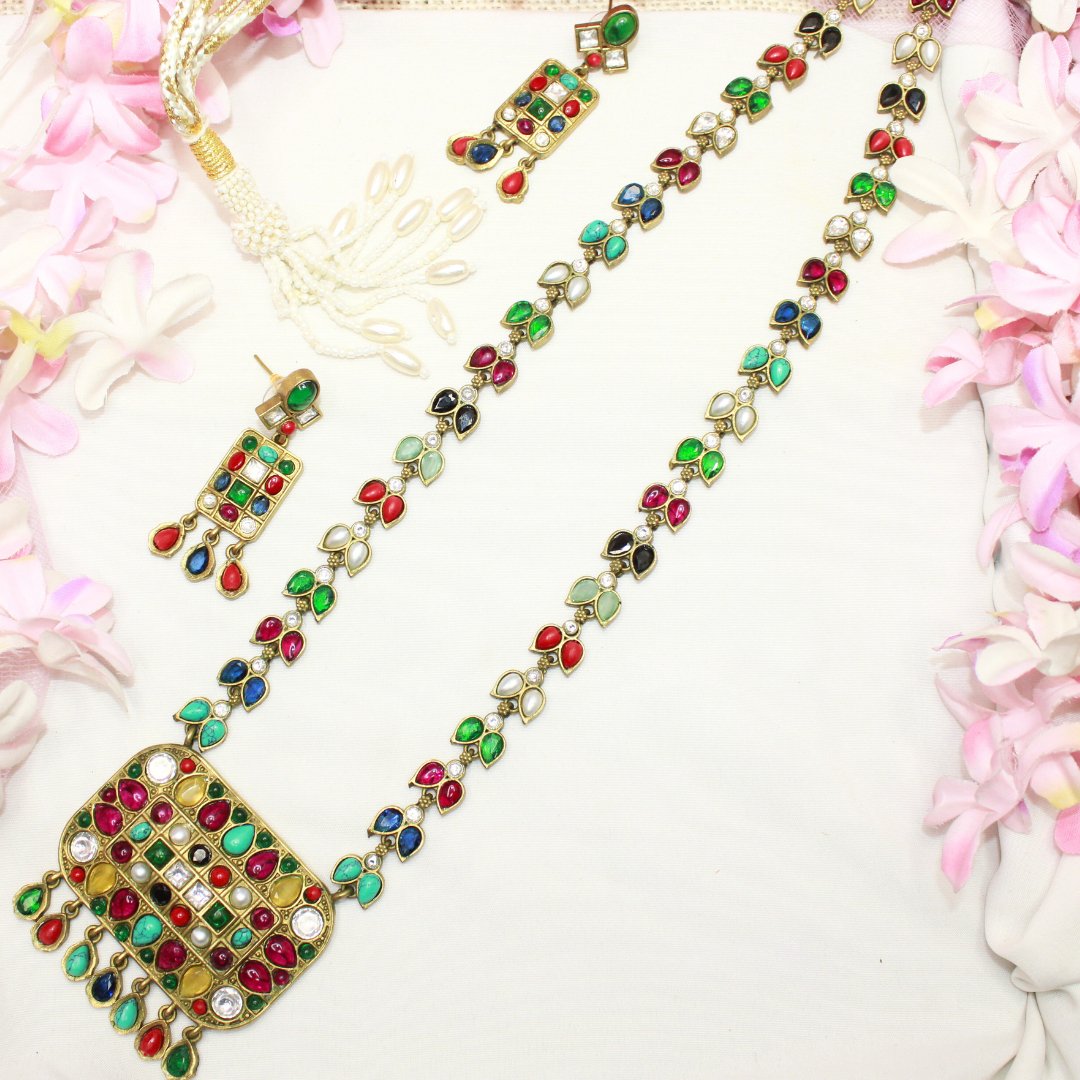 NAVRATNA ANTIQUE GOLD POLISH LONG NECKLACE - Necklaces