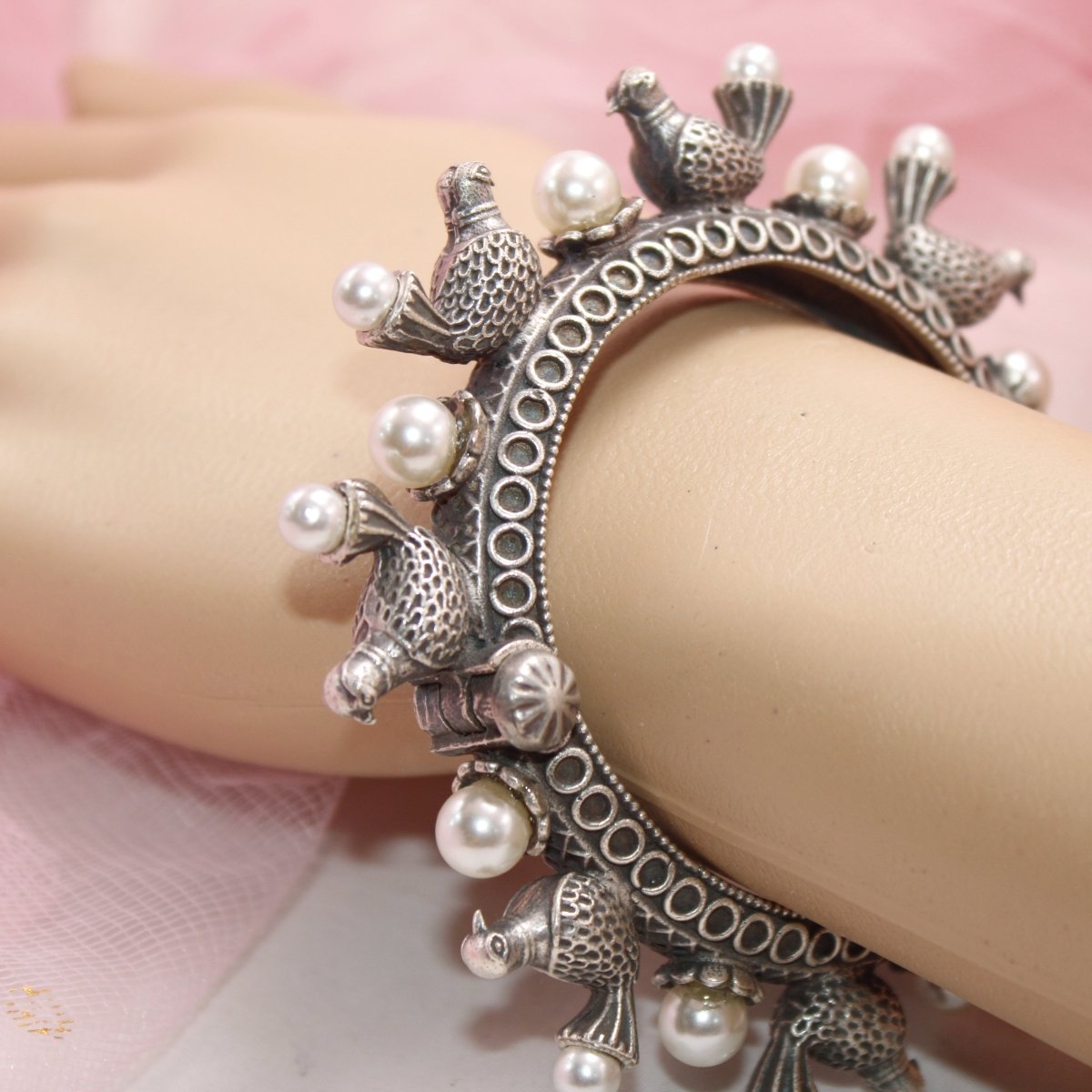 PANCHHI - OXIDISED SILVER LOOK ALIKE KADA - BIRD & PEARL - kada