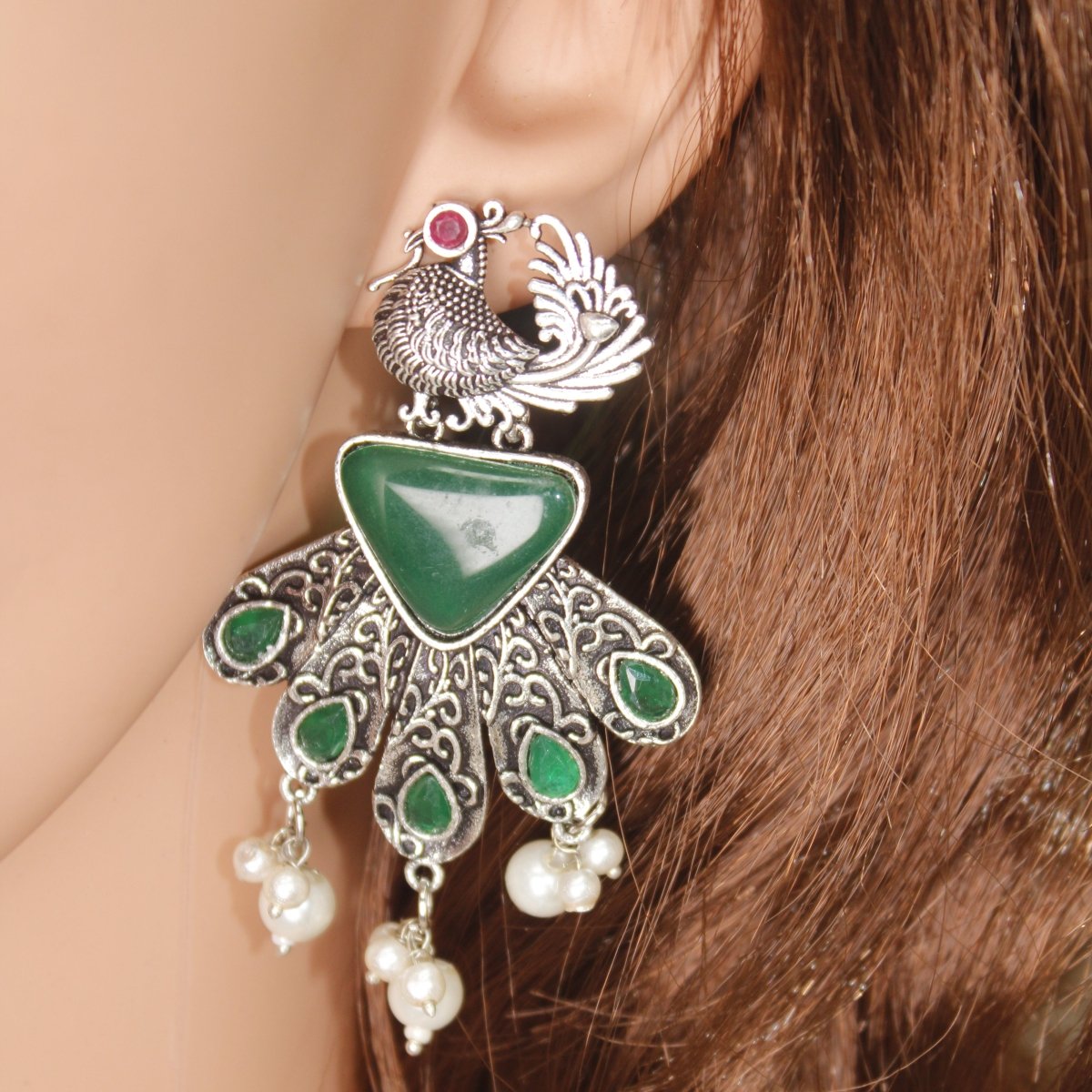 PANKH - SILVER LOOK ALIKE PENDANT SET - GREEN - Charms & Pendants