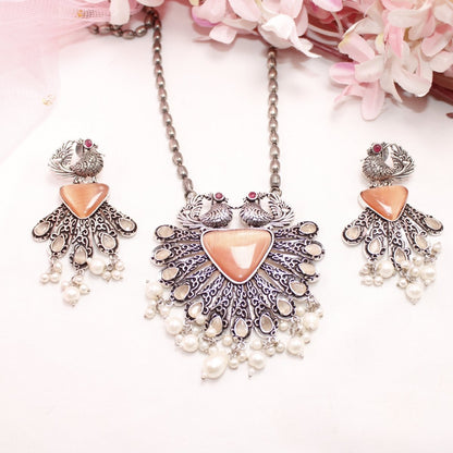 PANKH - SILVER LOOK ALIKE PENDANT SET - ORANGE - Charms & Pendants