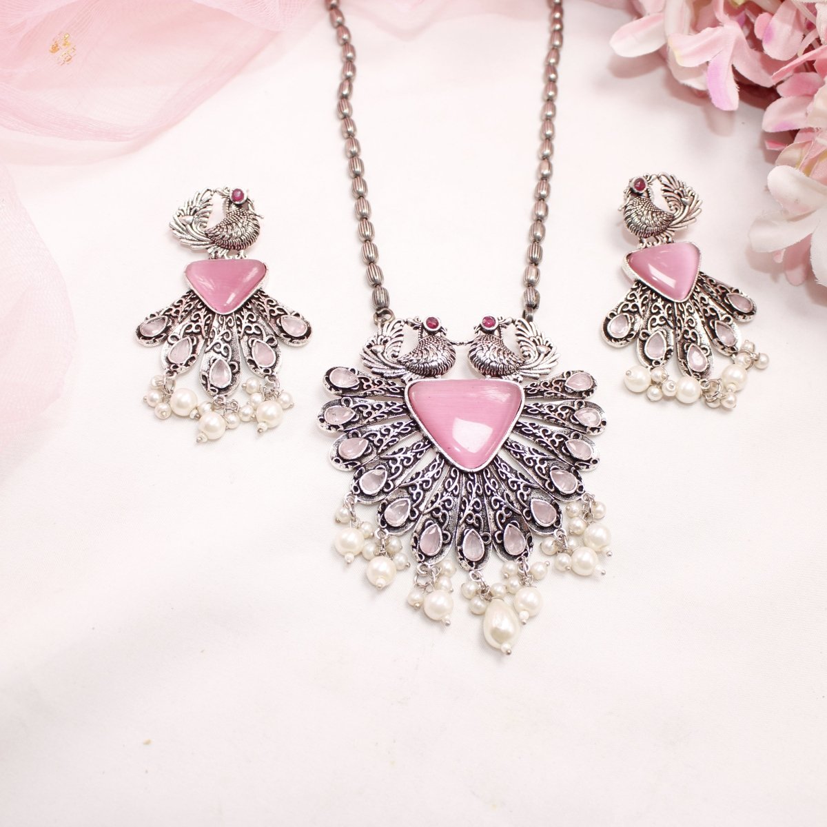 PANKH - SILVER LOOK ALIKE PENDANT SET - PINK - Charms & Pendants