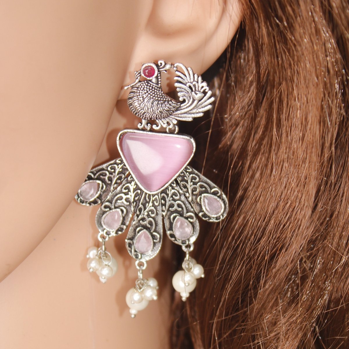 PANKH - SILVER LOOK ALIKE PENDANT SET - PINK - Charms & Pendants