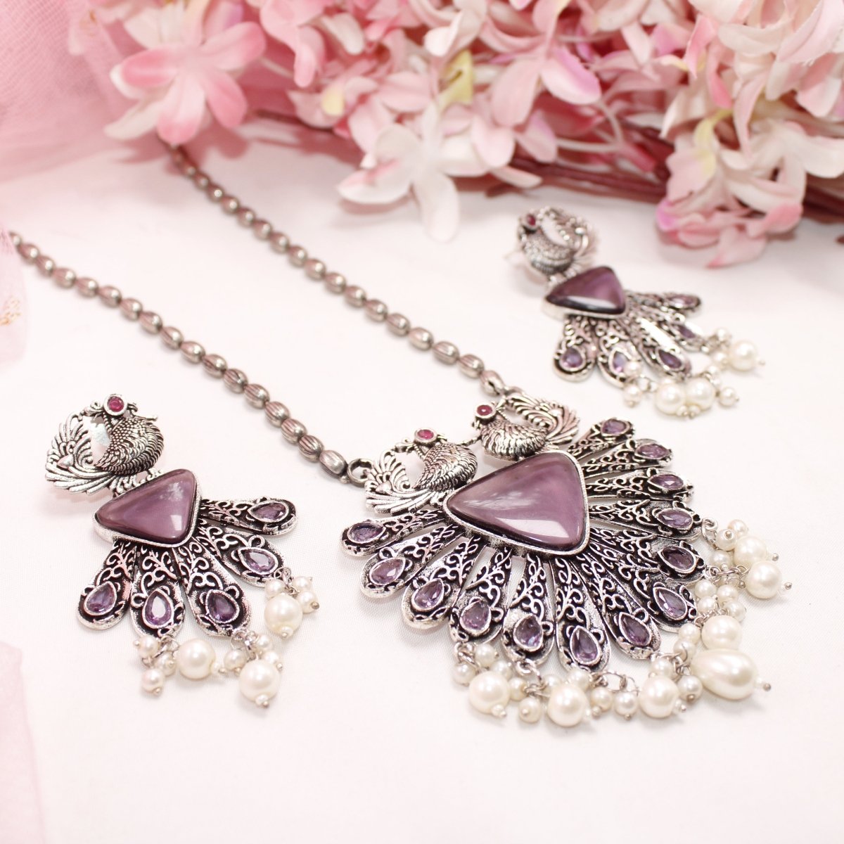 PANKH - SILVER LOOK ALIKE PENDANT SET - PURPLE - Charms & Pendants