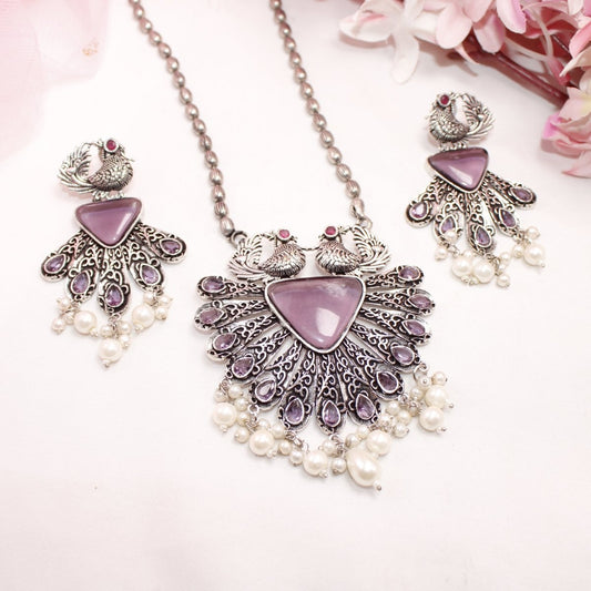 PANKH - SILVER LOOK ALIKE PENDANT SET - PURPLE - Charms & Pendants