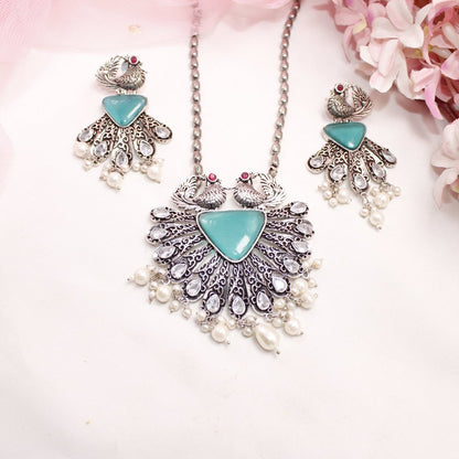 PANKH - SILVER LOOK ALIKE PENDANT SET - TURQUOISE - Charms & Pendants