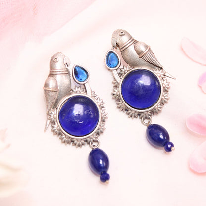 PARROT WITH ROUND MONALISA STONE EARRING-BLUE -Earrings