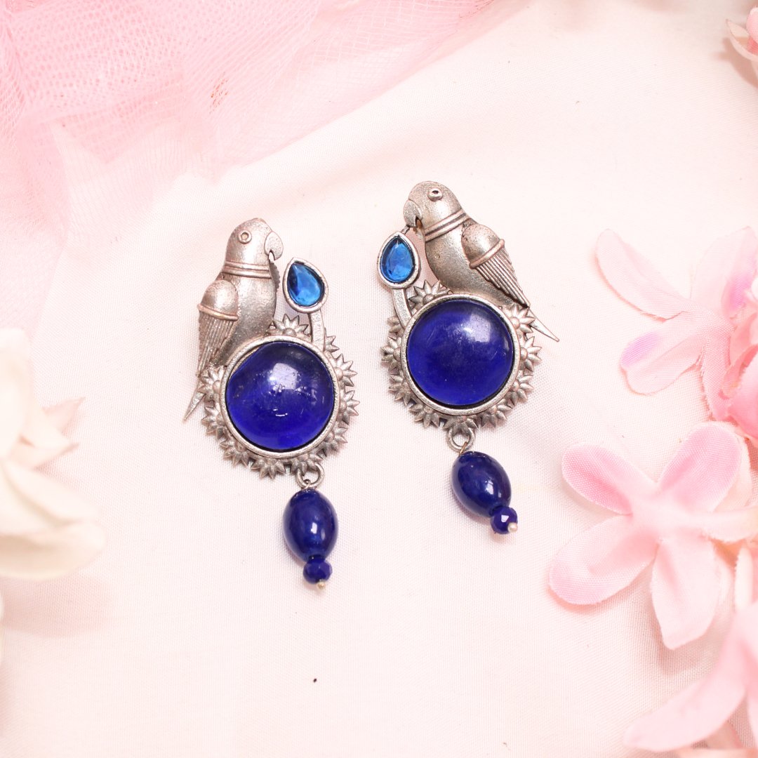 PARROT WITH ROUND MONALISA STONE EARRING-BLUE -Earrings