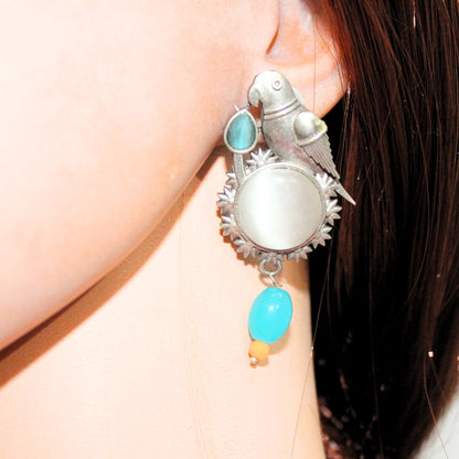 PARROT WITH ROUND MONALISA STONE EARRING-GREY -Earrings