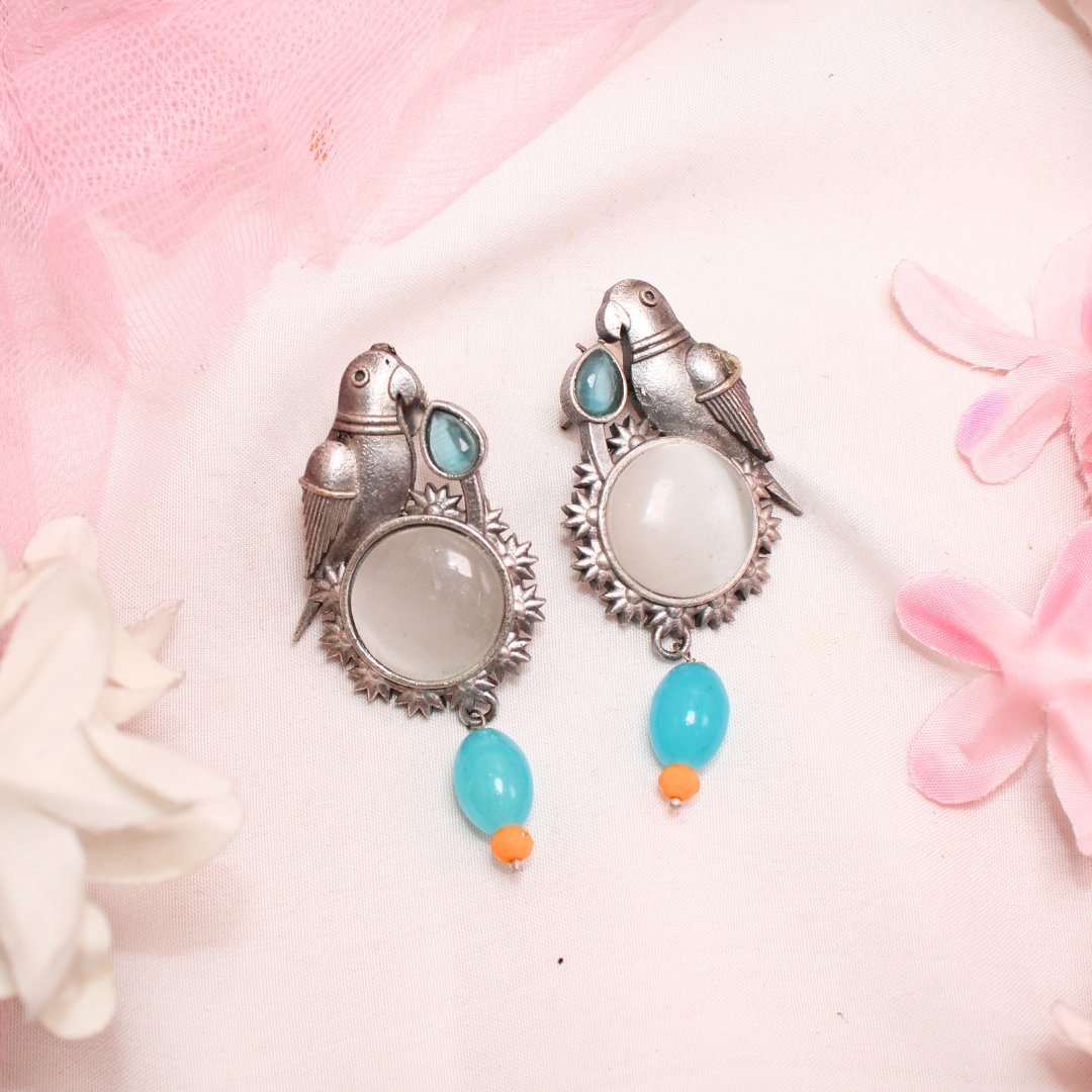 PARROT WITH ROUND MONALISA STONE EARRING-GREY -Earrings