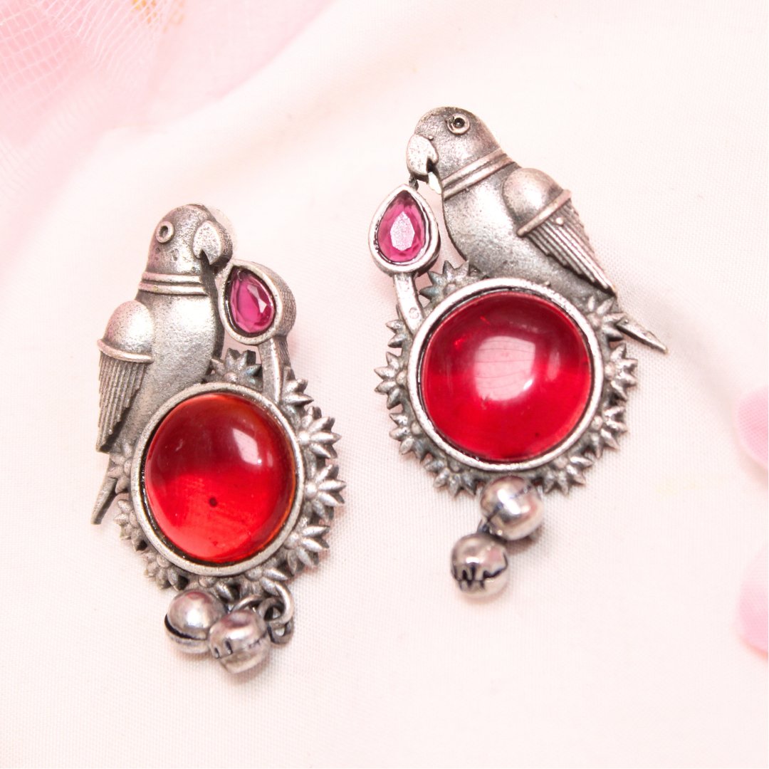 PARROT WITH ROUND MONALISA STONE EARRING-RED -Earrings